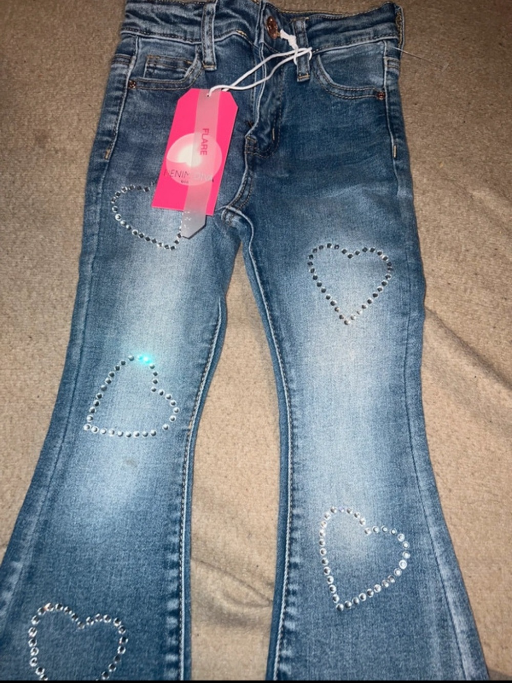 Girls Dark Blue Flare Jeans with Rhinestone Heart Accents